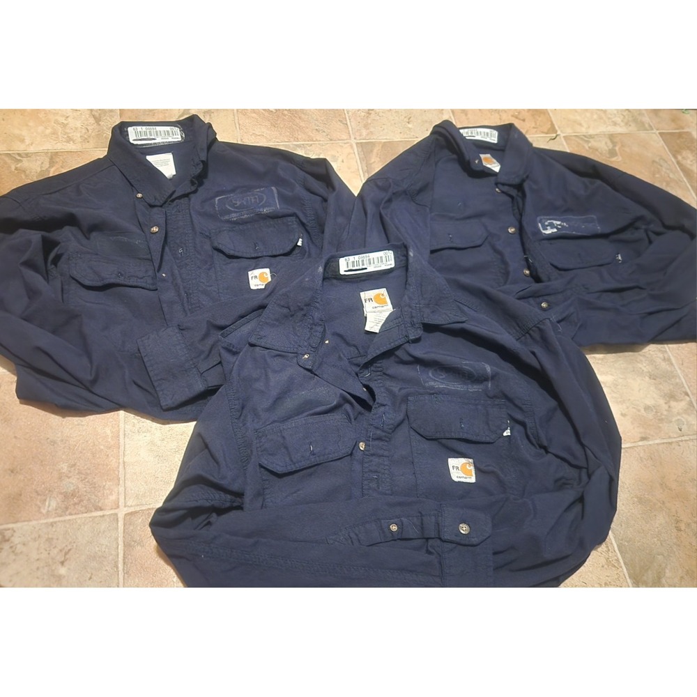 3 Carhartt FR Shirt Mens Medium Blue Navy Flame Resistant CAT 2 NFPA 2112 Button